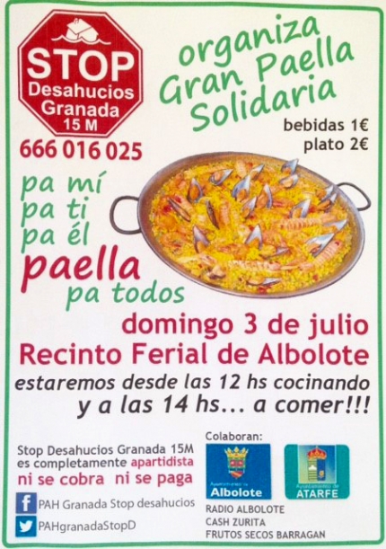 Cartel anunciador de la paella solidaria de Stop Desahucios Granada 15M