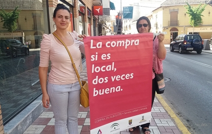 Técnicas de Consumo sujetan una de las banderolas de la campaña antes de proceder a su colocación en la calle Granada. 