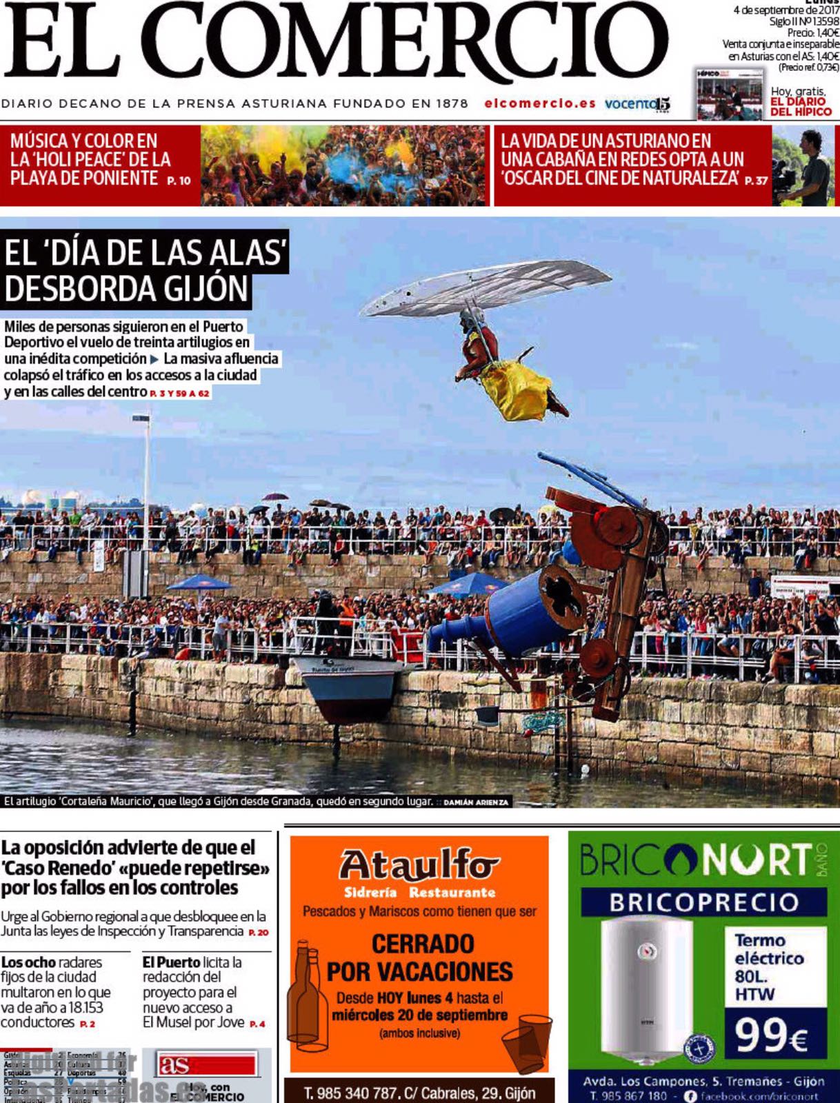 Portada del diario El Comercio donde se aprecia el salto del equipo alboloteño `Cortaleña Mauricio`. 