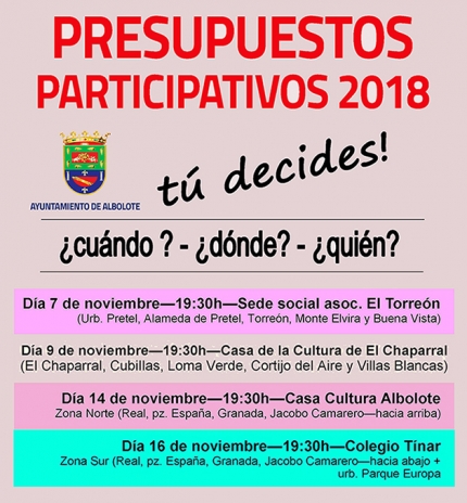 Cartel con las fechas y sedes de las cuatro asambleas de barrio abiertas a la ciudadanía. 