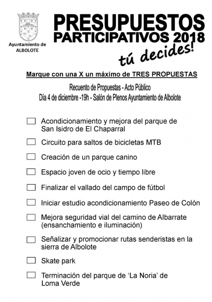 Contenido de la papeleta de votación de los terceros Presupuestos Participativos de Albolote