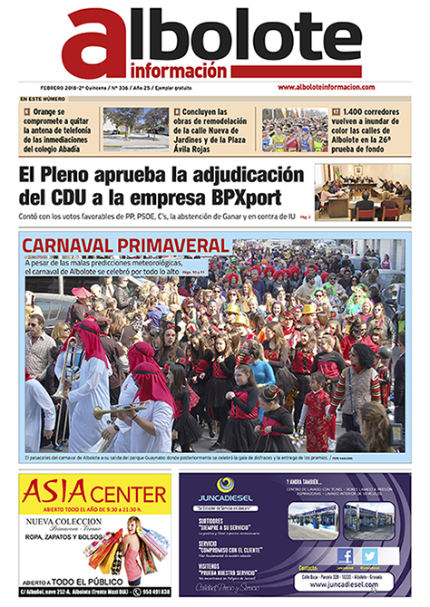 Portada del periódico local Albolote Información de la segunda quincena de febrero 2018