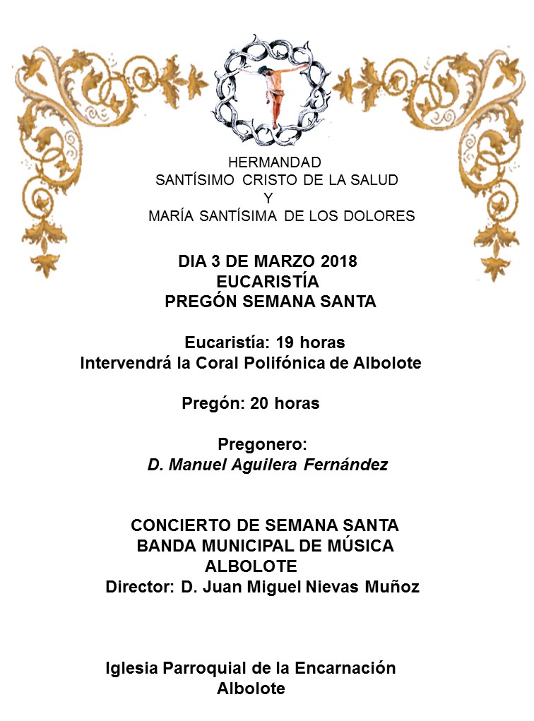 Cartel anunciador de los actos del pregón de la Semana Santa de Albolote 2018