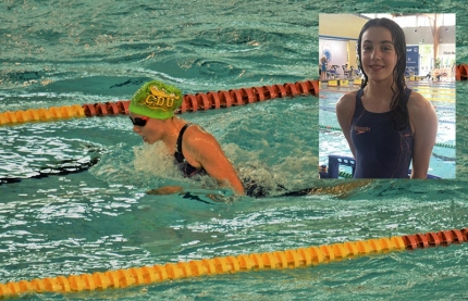 Martina Gámiz  durante la competición. Arriba a la derecha un primer plano de la joven deportista. 