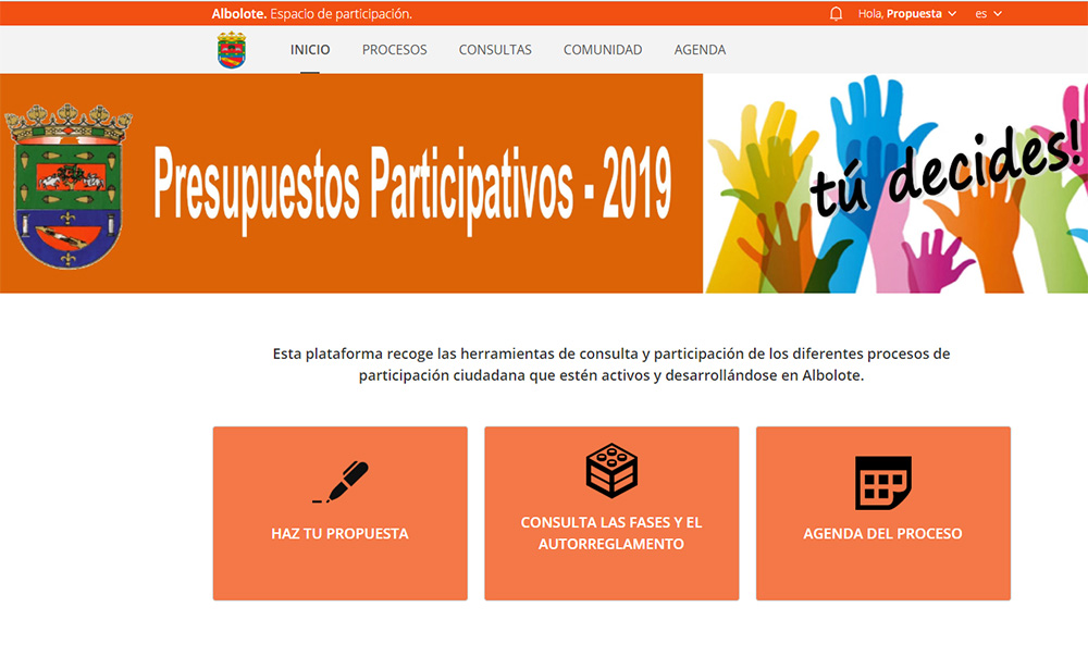 Portal web municipal habilitado para la presentar propuestas online. 