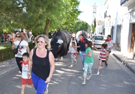 Encierro de toros hinchables por las calles de El Chaparral, una de las novedades de este año.