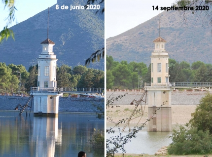 Imagen comparativa del nivel del agua en la torre de toma entre junio y septiembre de 2020