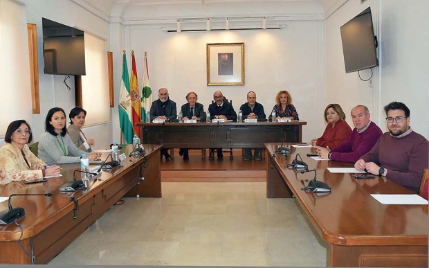 Reunión del equipo de Gobierno con el delegado de Sanidad en el salón de plenos del Ayuntamiento.