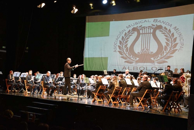 Varios momentos de la actuación de la Banda de Música de Albolote acompañada por la Coral Polifónica en el Concierto del Día de Andalucía.