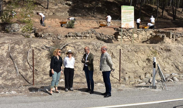 Representantes políticos y de la Universidad de Granada durante la visita a los trabajos de prospección del terreno. Abajo, estudiantes de arqueología trabajan en la zona.